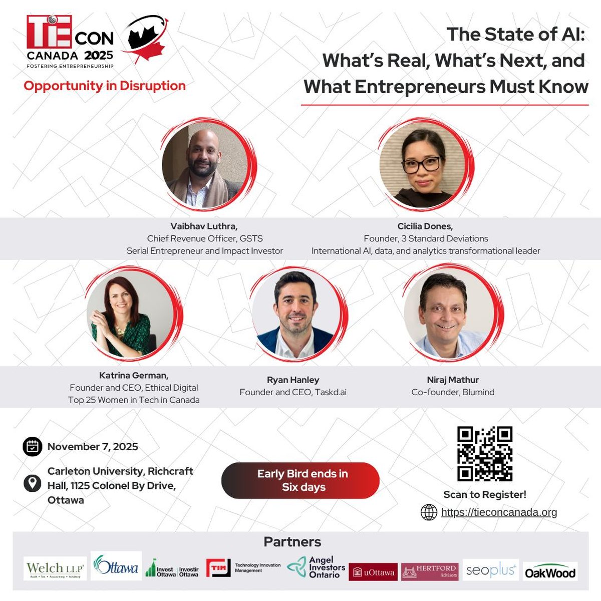 TiECon Canada 2025 panel card listing the five speakers on The State of AI session