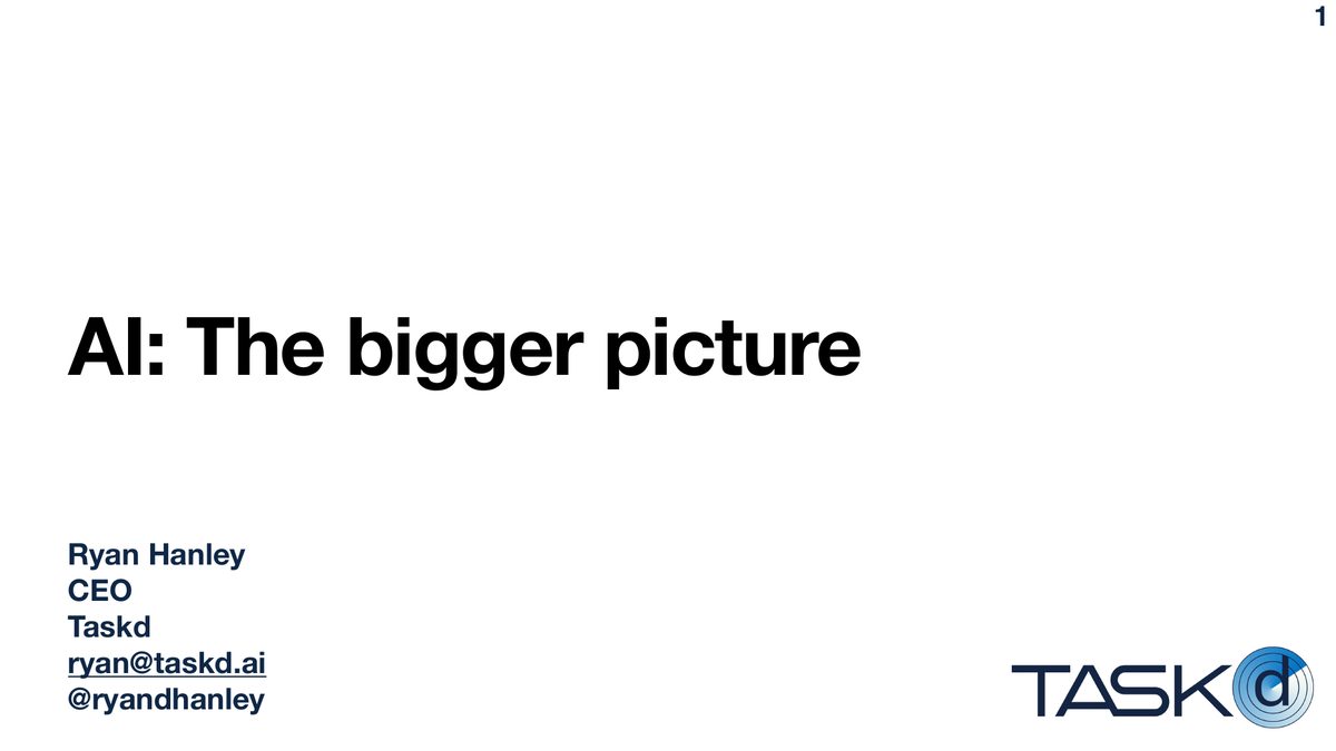 Title slide: AI, the bigger picture. Ryan Hanley, CEO, Taskd.